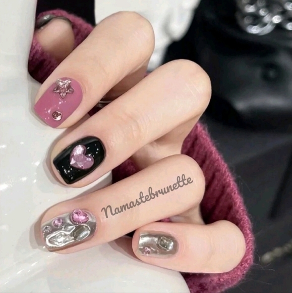 3D Pink Hearts Stars Rhinestone Press On Nails - Picture 1 of 12